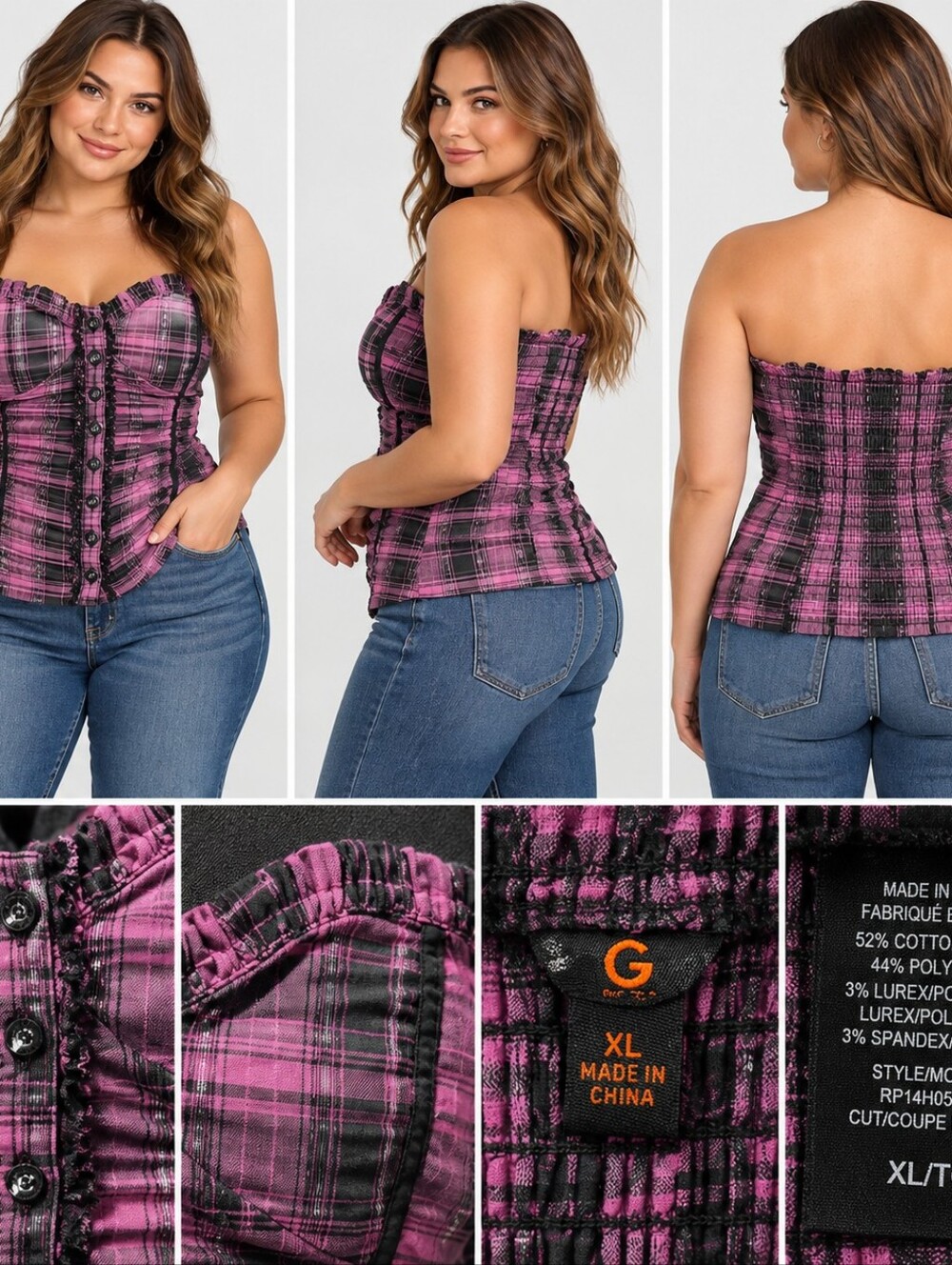 G by Guess Pink and Black Plaid Strapless Bustier Top NWOT SZ XL